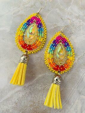 Rainbow Seed Beaded Teardrop Yellow Tassel Earrings with AB Crystal Accents